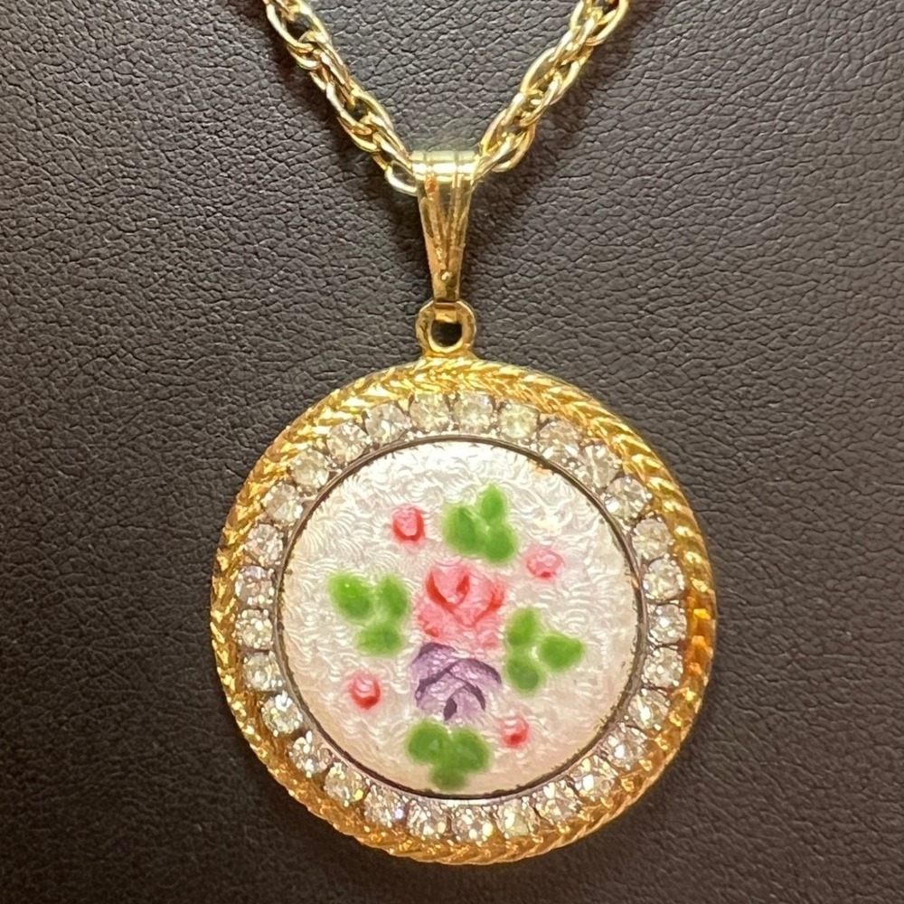 Guilloche Rhinestone Necklace Floral Twisted Rope Chain Gold Tone 20"